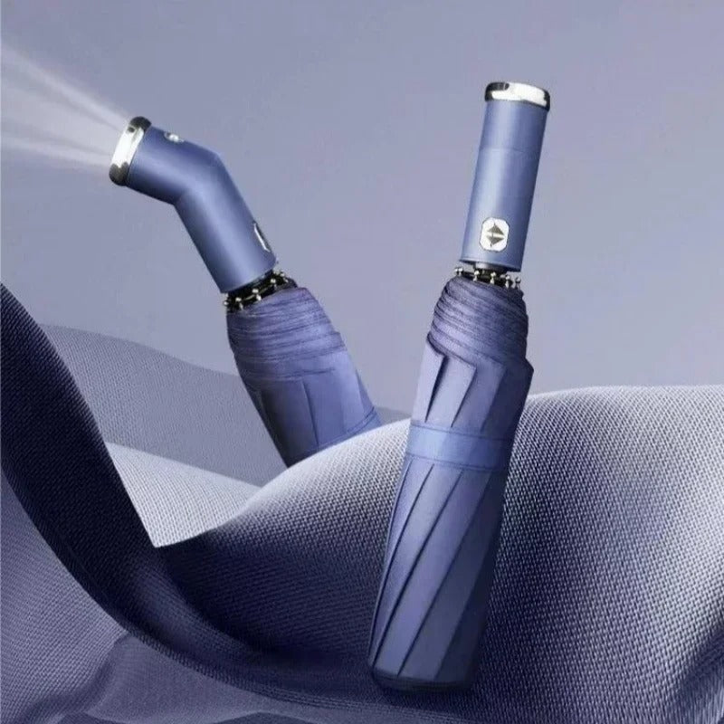 Fully automatic umbrella with rotatable LED flashlight, business wind resistant folding umbrella