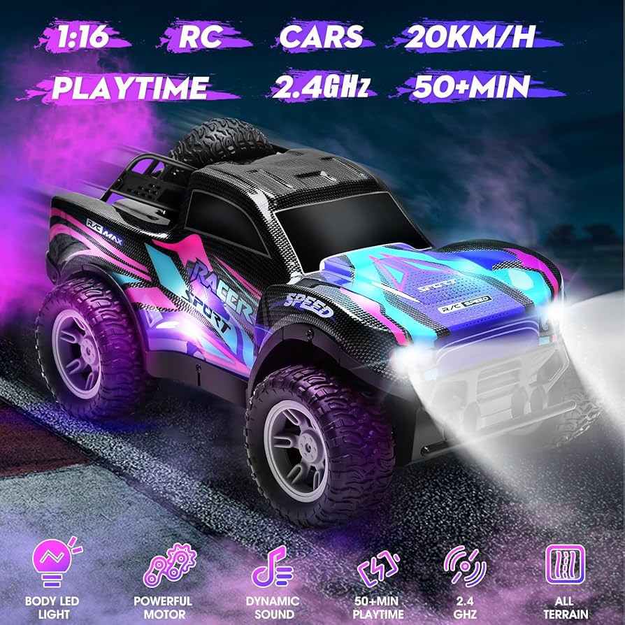 🚙💨 1:16 RC Mist Spray Off-Road Truck with LED Lights & Dual Batteries