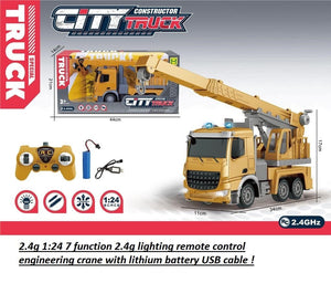 1:24 Rechargeable RC Construction Crane – 2.4G Remote Control Truck with Lights & 7 Functions
