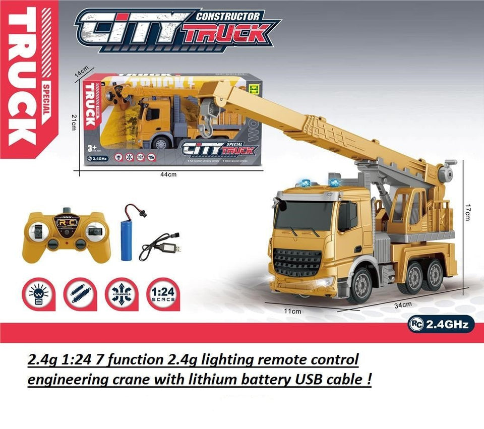 1:24 Rechargeable RC Construction Crane – 2.4G Remote Control Truck with Lights & 7 Functions
