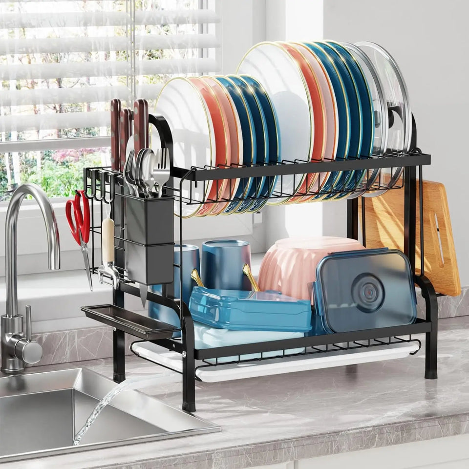 Hashmart 2-Tier Dish Drying Rack with Utensil Holder – Kitchen Dish Organizer