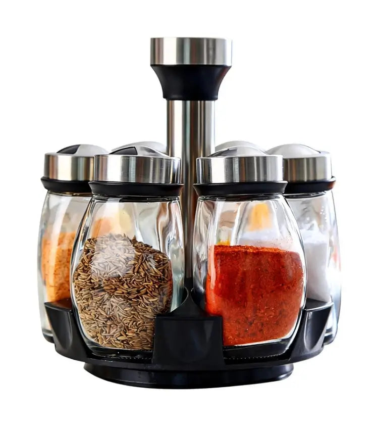 Revolving Spice Rack Set with Six Glass Jars.