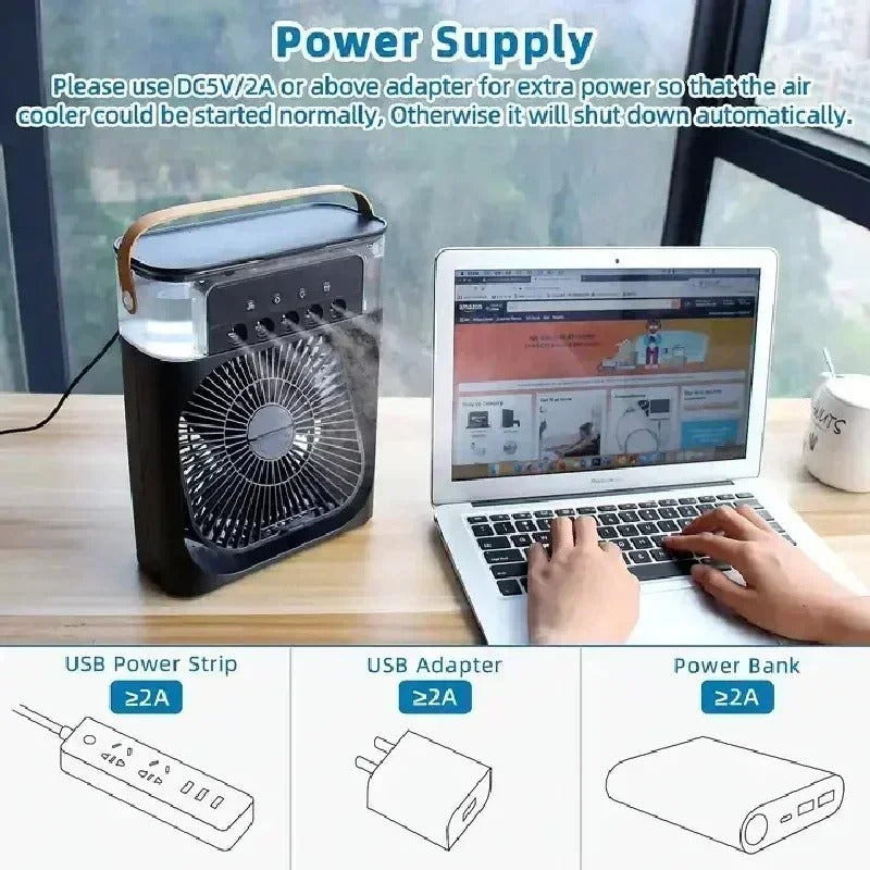 Portable 3 In 1 Humidifier Fan Mini Air Conditioners USB Mini fan LED Night Light Water Mist Fun Air Cooler