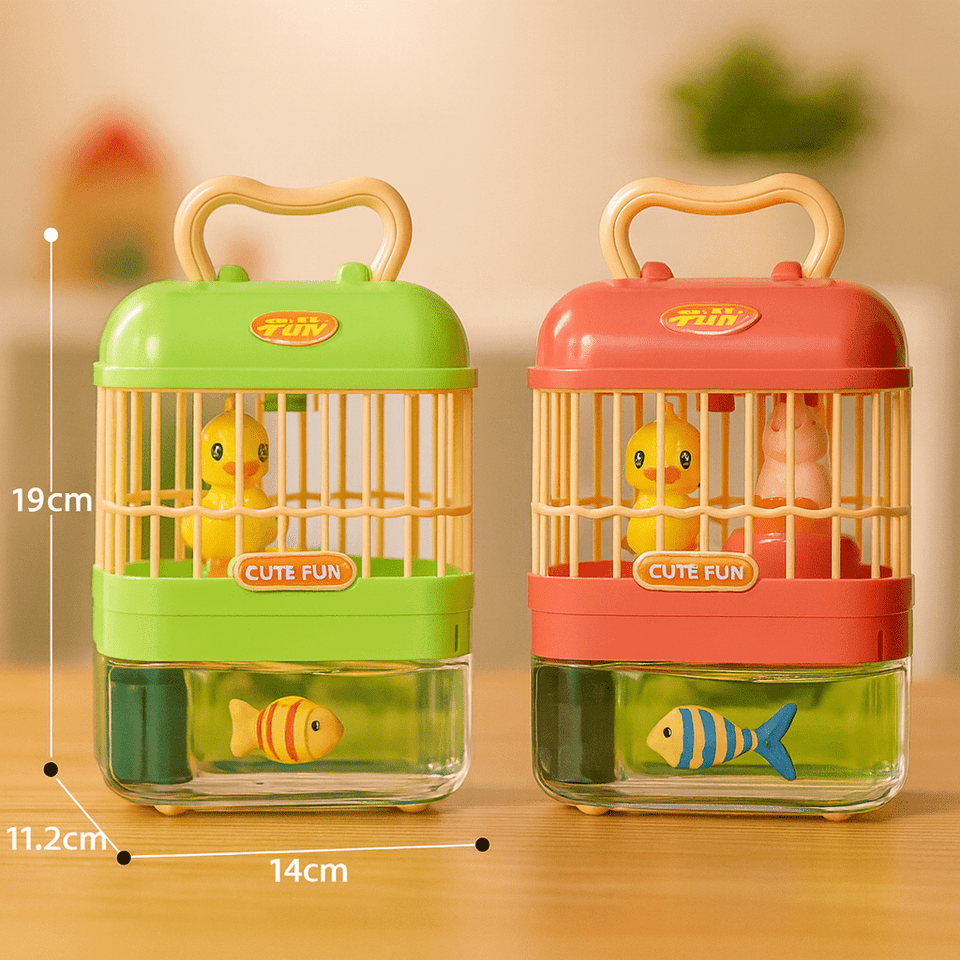 2-in-1 Birdcage & Fish  Tank Playset – Lights, Music &  Moving Fish