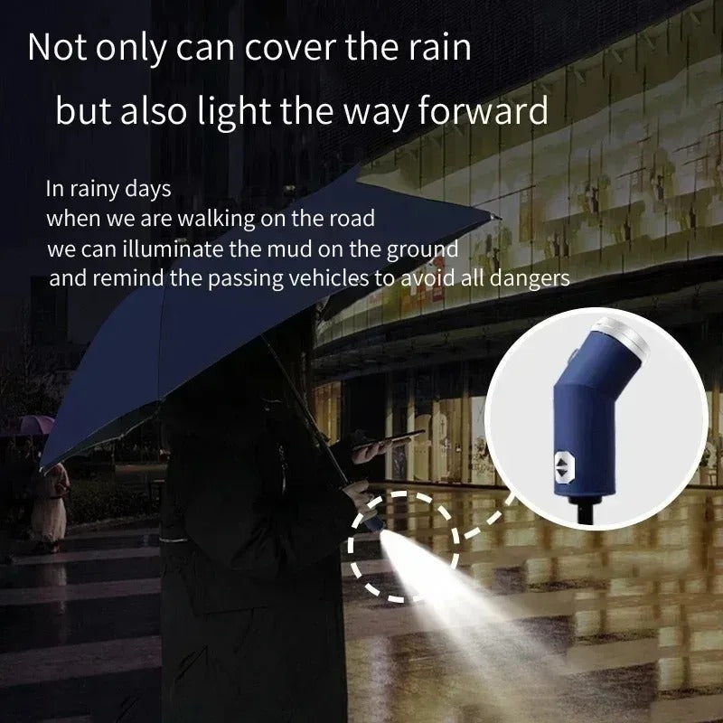 Fully automatic umbrella with rotatable LED flashlight, business wind resistant folding umbrella