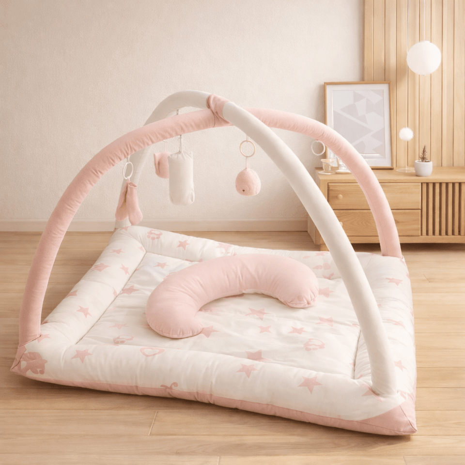 2in1 Reversible Baby Purple Pink Mat with Hanging Toys and Neck pillow