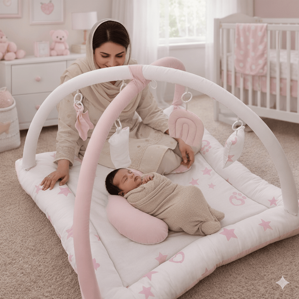 2in1 Reversible Baby Purple Pink Mat with Hanging Toys and Neck pillow
