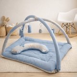 2in1 Reversible Blue & Grey Baby Playing Mat with Hanging Toys and Neck pillow