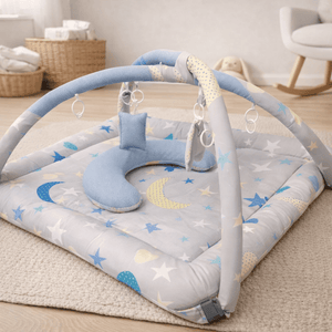2in1 Reversible Blue & Grey Baby Playing Mat with Hanging Toys and Neck pillow