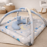 2in1 Reversible Blue & Grey Baby Playing Mat with Hanging Toys and Neck pillow