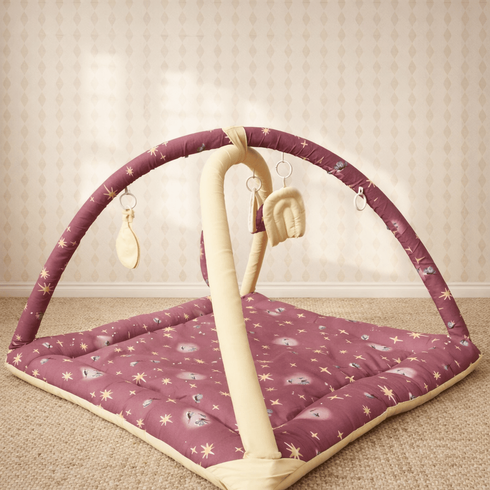 2in1 Reversible Purple & Yellow Playing Baby Mat with Hanging Toys and Neck pillow