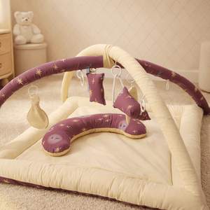 2in1 Reversible Purple & Yellow Playing Baby Mat with Hanging Toys and Neck pillow