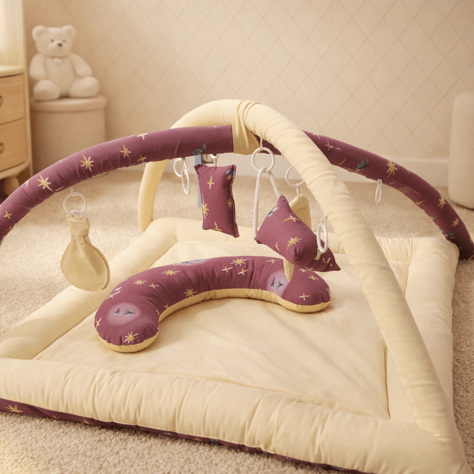 2in1 Reversible Purple & Yellow Playing Baby Mat with Hanging Toys and Neck pillow