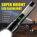 Portable Rechargeable Powerful LED Flashlight, Aluminum Alloy Zoom Flashlight