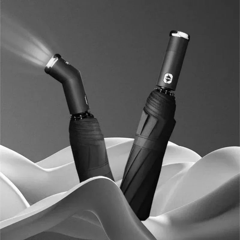 Fully automatic umbrella with rotatable LED flashlight, business wind resistant folding umbrella