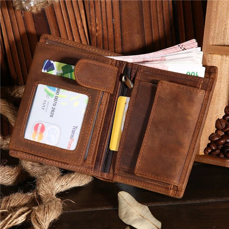 Crazy Horse Men Genuine Leather Business Wallet Coin Zipper