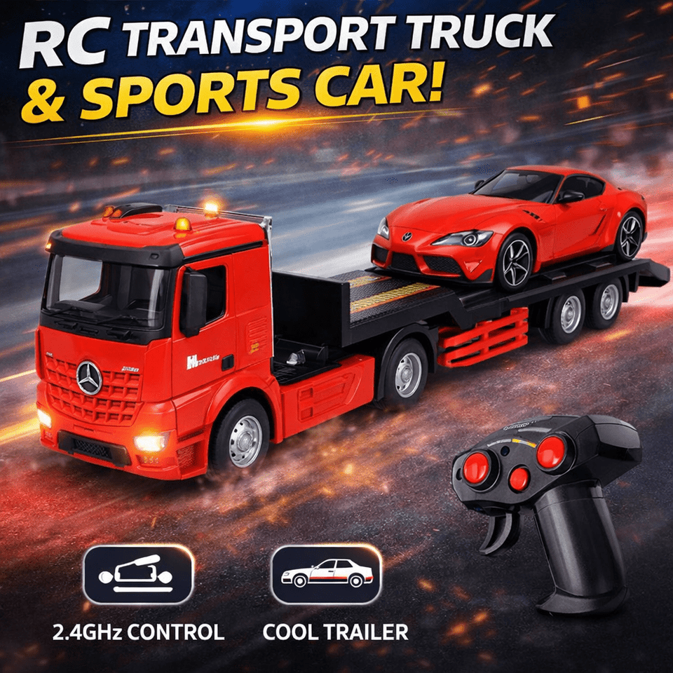 6-Channel RC Transport Truck with Sports Car – 2.4GHz Trailer Set for Kids