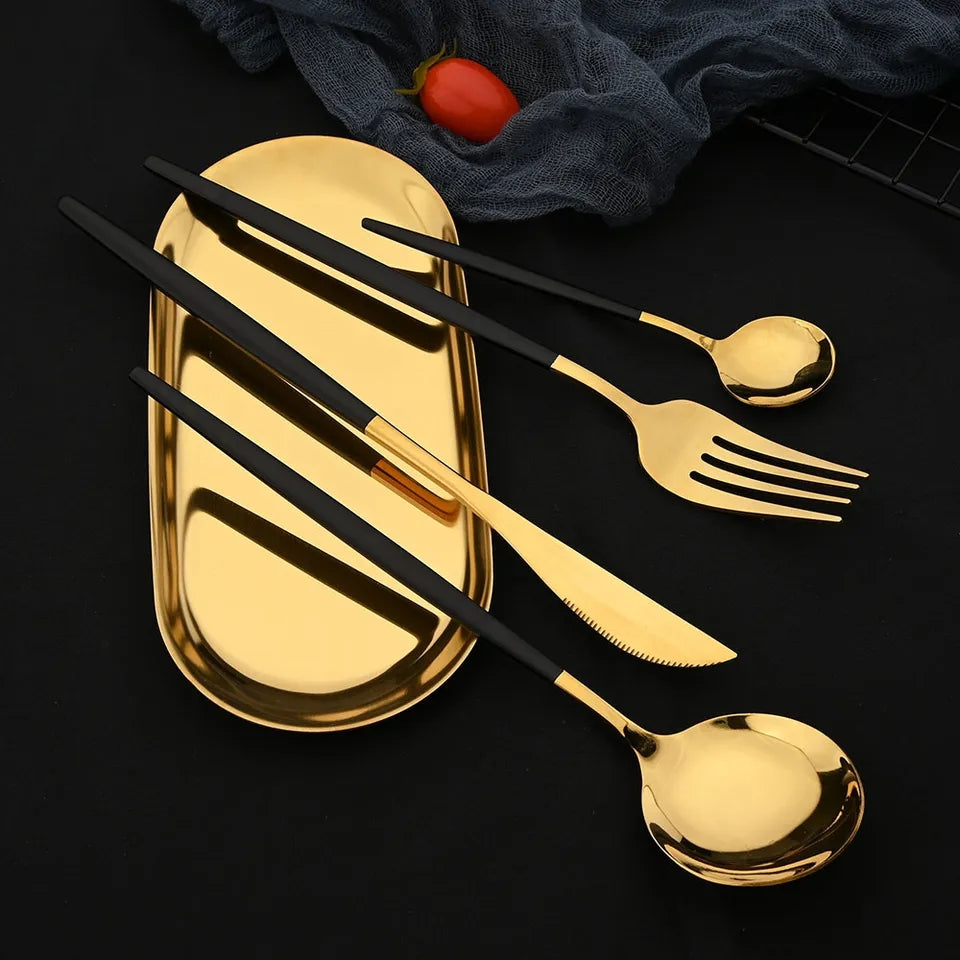 24 Pcs Premium Stainless Steel Dining Cutlery Set Golden Black