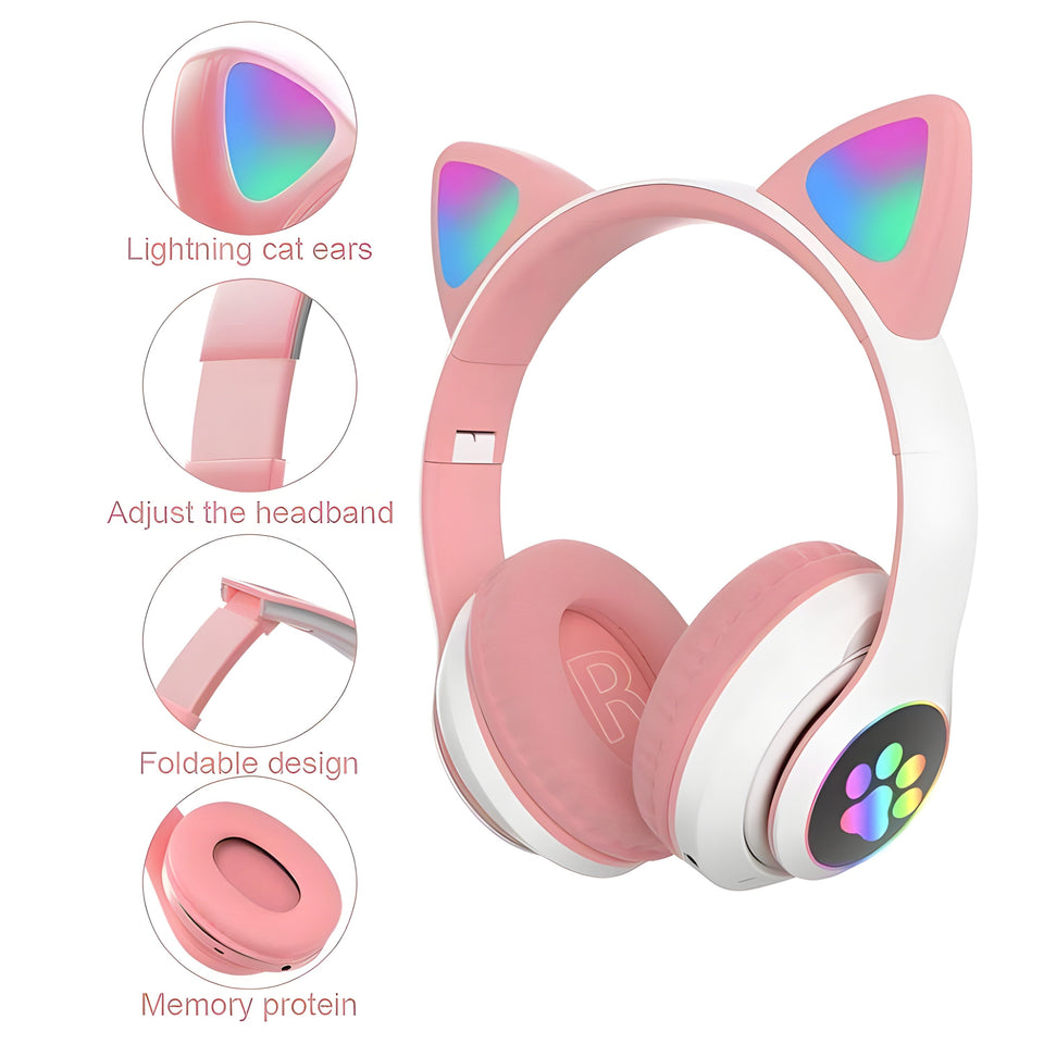 Cat Ear Wireless Headphones with Large Capacity Cute Cartoon Earphones