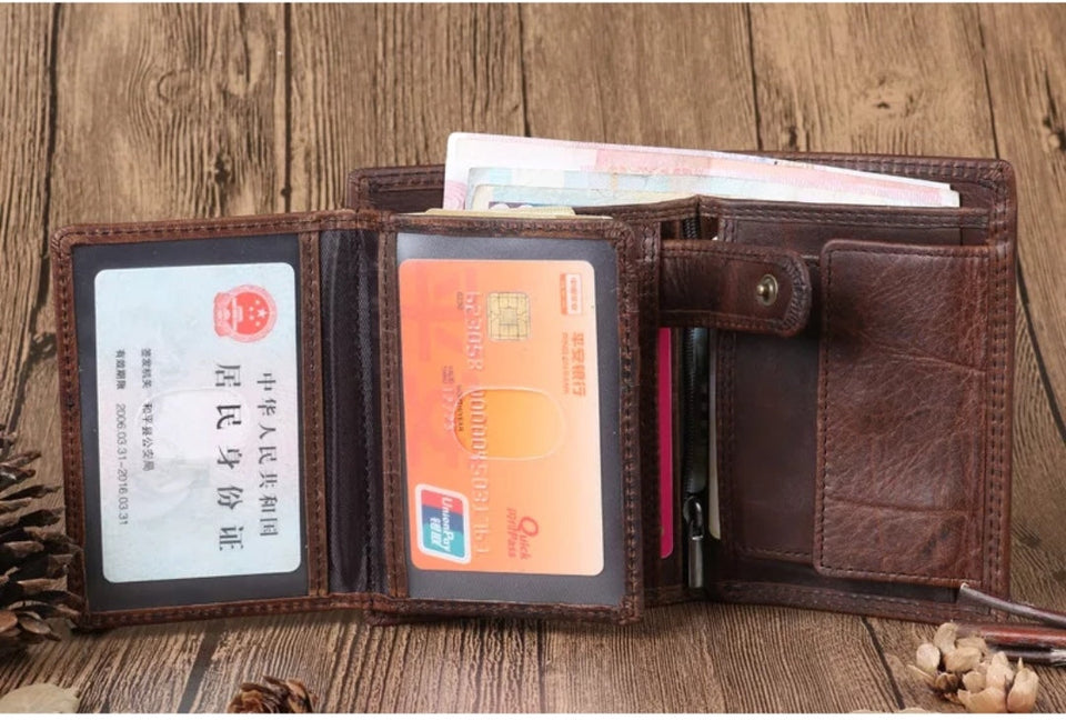 Crazy Horse Men Genuine Leather Business Wallet Coin Zipper