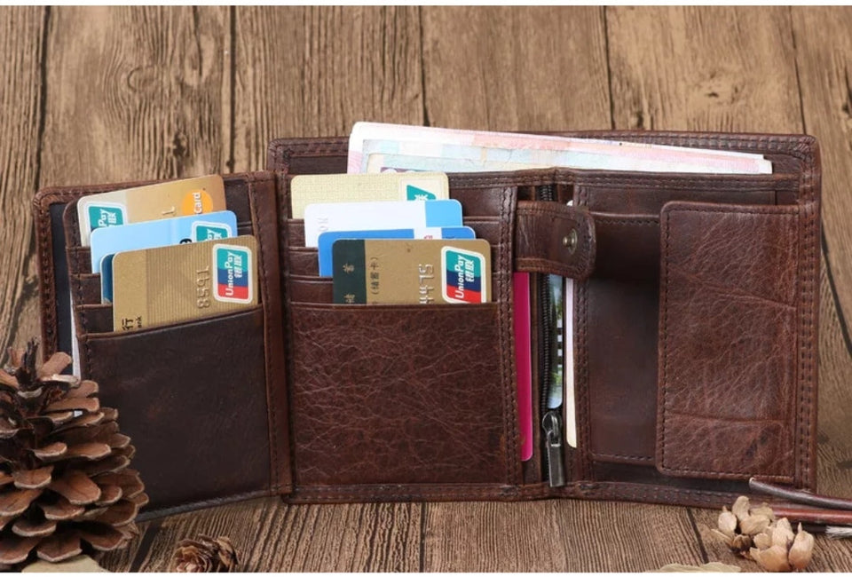 Crazy Horse Men Genuine Leather Business Wallet Coin Zipper