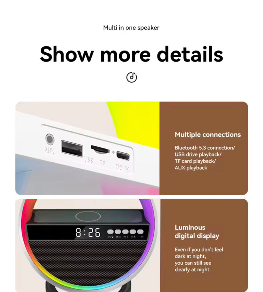 RGB O-SHAPE LAMP  FAST WIRELESS CHARGING  BLUETOOTH SPEAKER
