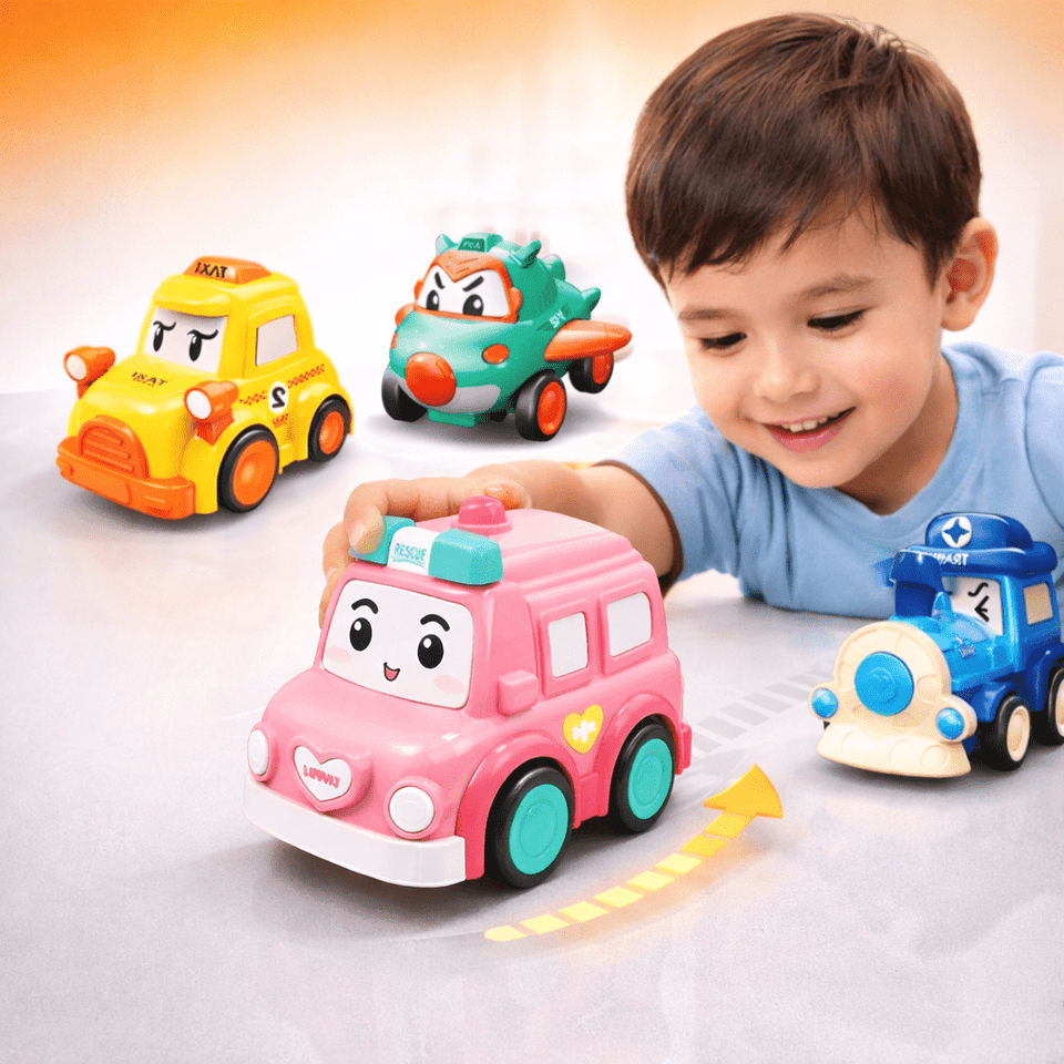 Cartoon Mini Rescue Cars Set – Pull Back Vehicle Play Collection | Pack of 4