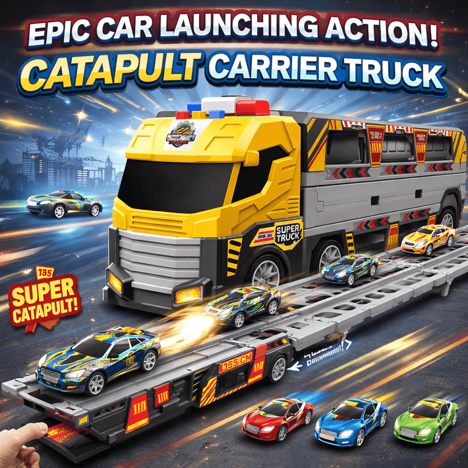 Catapult Construction Carrier Truck Set for Kids – Expandable Launch Truck with Racing Cars, Lights &  Music