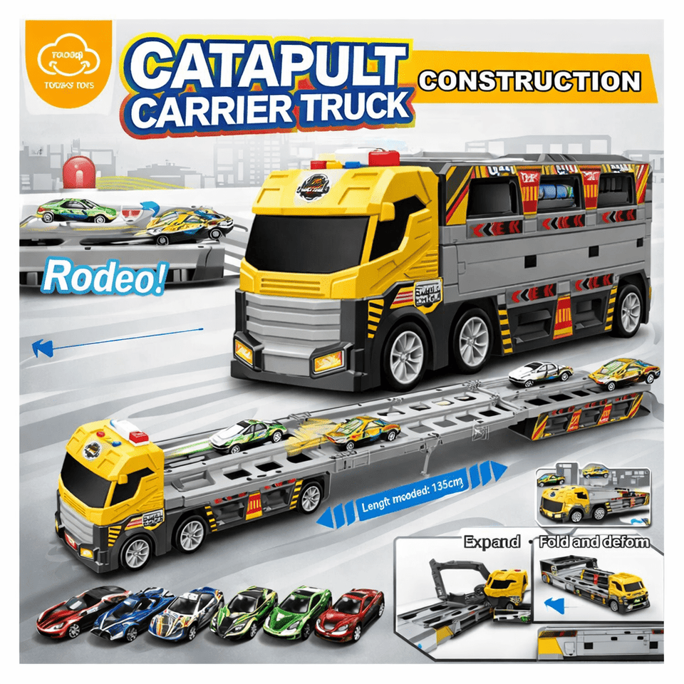 Catapult Construction Carrier Truck Set for Kids – Expandable Launch Truck with Racing Cars, Lights &  Music