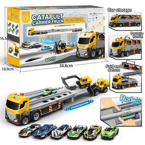 Catapult Construction Carrier Truck Set for Kids – Expandable Launch Truck with Racing Cars, Lights &  Music