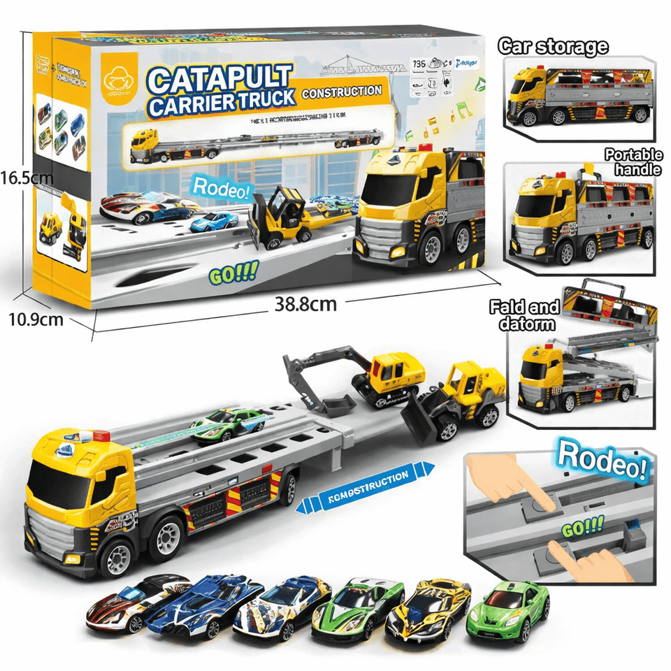Catapult Construction Carrier Truck Set for Kids – Expandable Launch Truck with Racing Cars, Lights &  Music