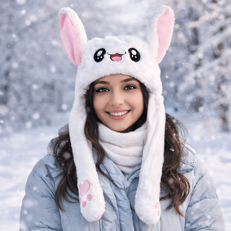 Cute White Bunny Winter Hat with Plush Ears & Lights – Soft Warm & Cozy Headwear