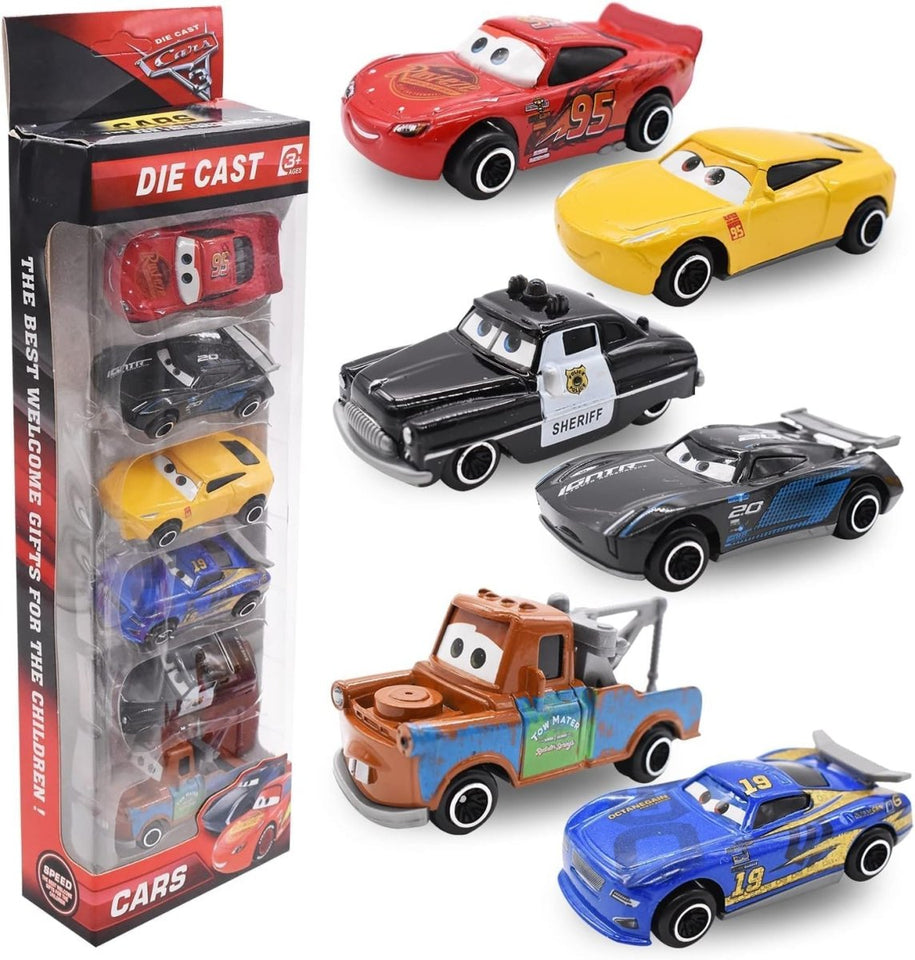 Diecast Cartoon Cars Pack of 6 – Mini Racing Car Set for Kids