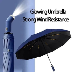 Fully automatic umbrella with rotatable LED flashlight, business wind resistant folding umbrella