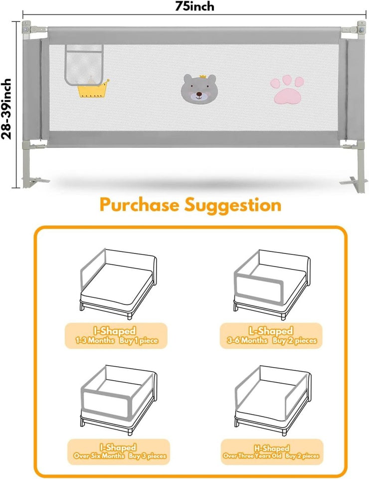 🛏️ Height Adjustable Baby Bed Rail | 6 Feet