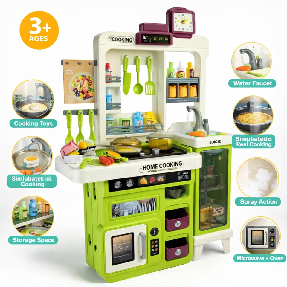 Interactive Kids Play Kitchen Set with Lights, Sounds & Spray Effects