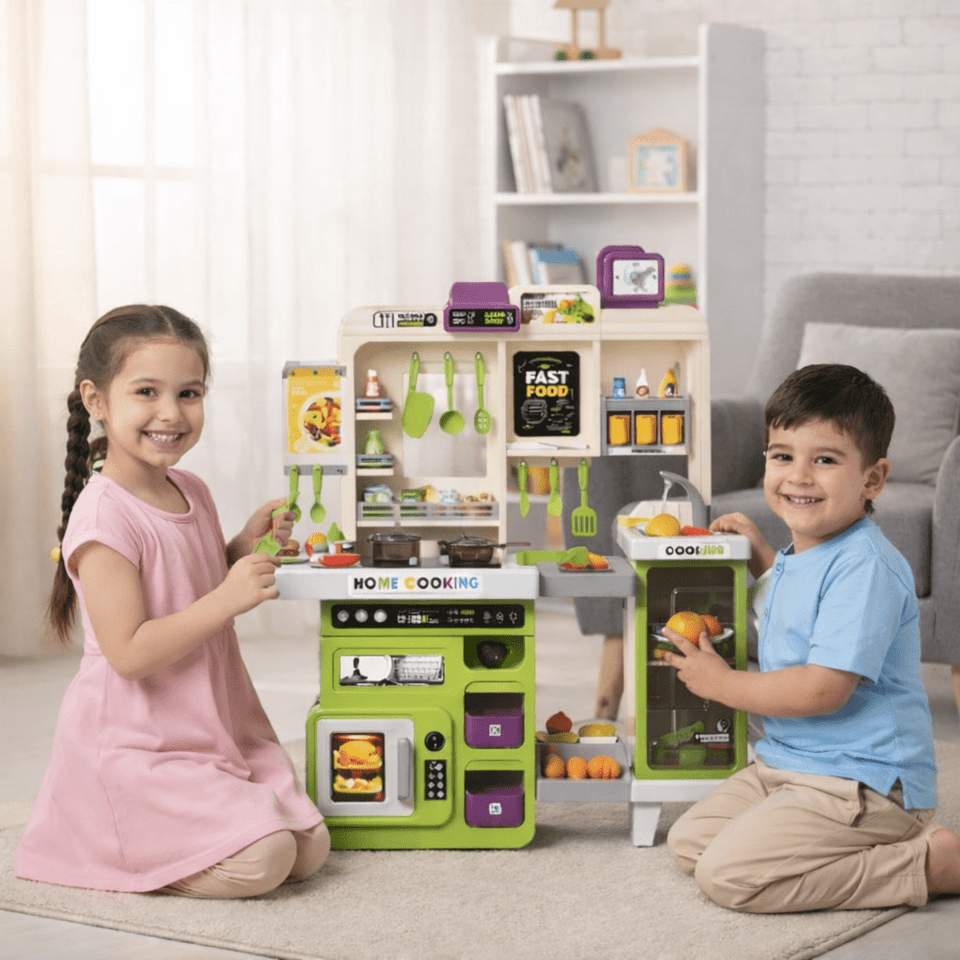 Interactive Kids Play Kitchen Set with Lights, Sounds & Spray Effects
