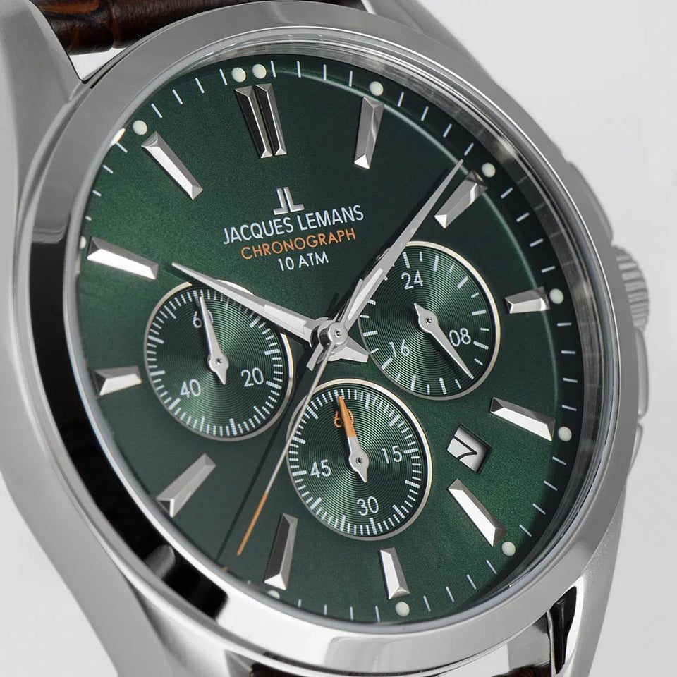 J. Leman Chronograph Luxury Leather Strap Stainless Steel Watch
