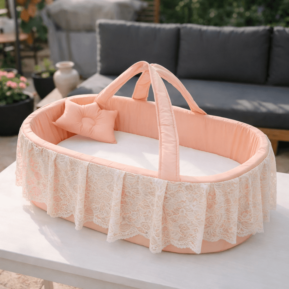 Luxe Lace Peach Pink Cozy Baby Basket Bed