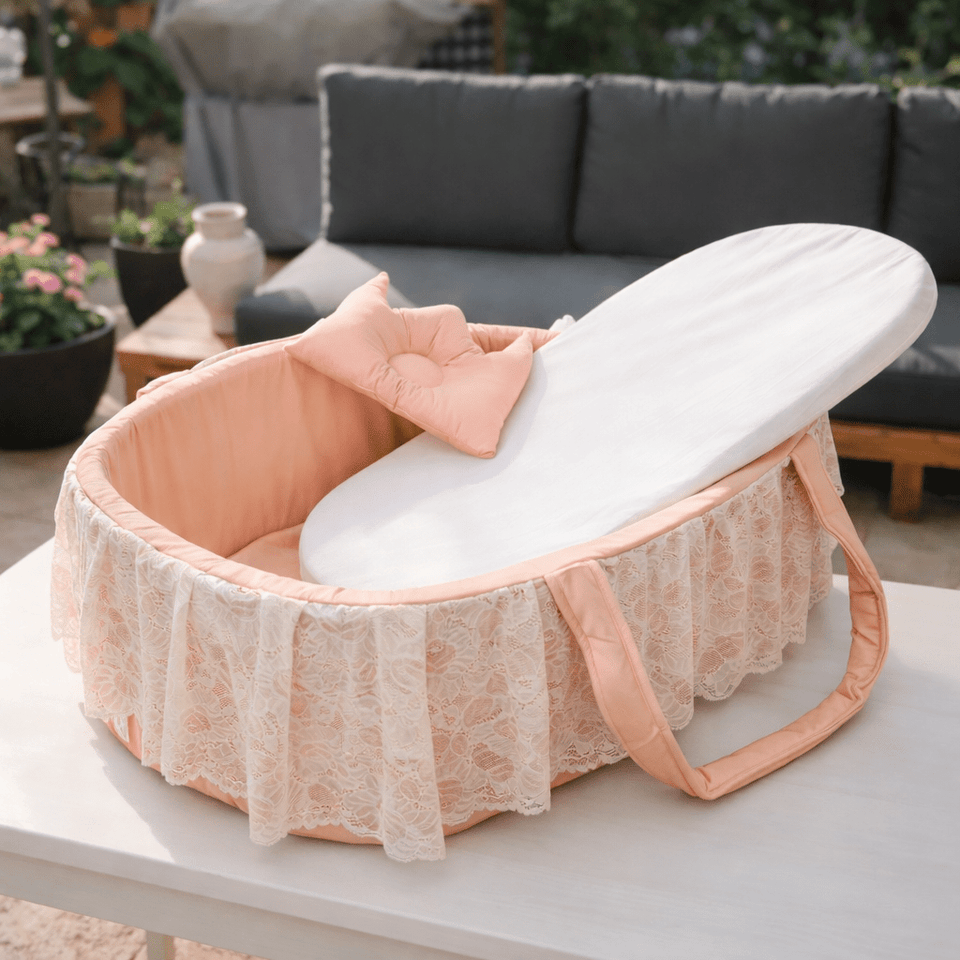 Luxe Lace Peach Pink Cozy Baby Basket Bed