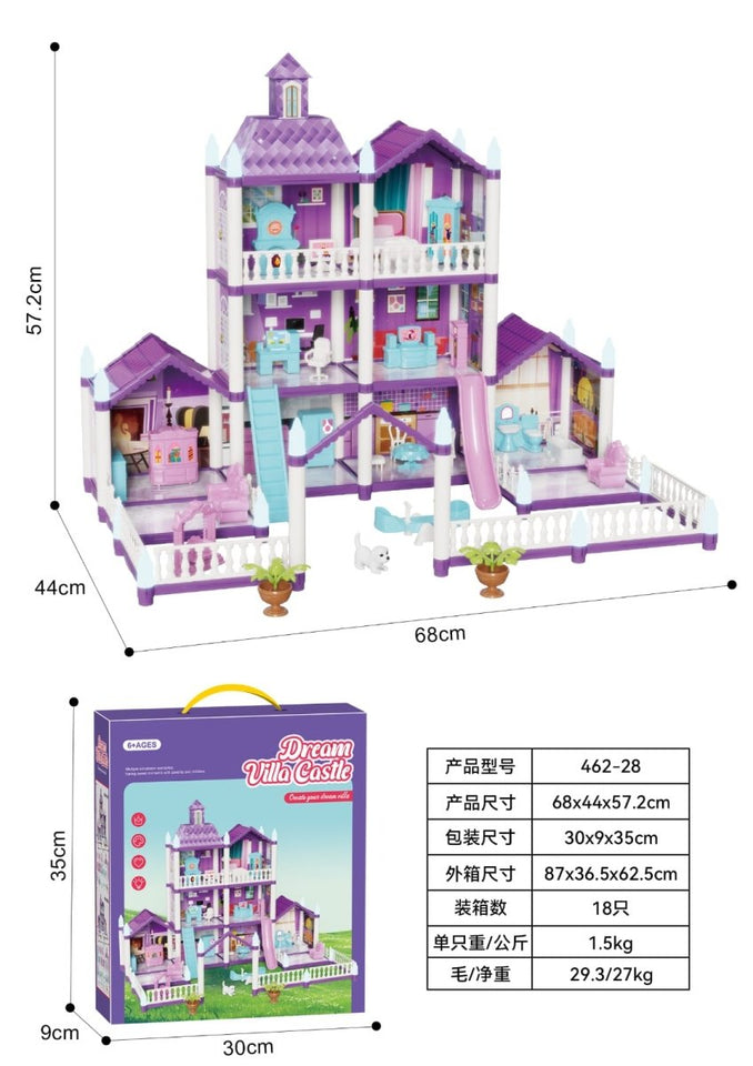 Luxury 3-Story Dollhouse Playset with Furniture & Balcony Design