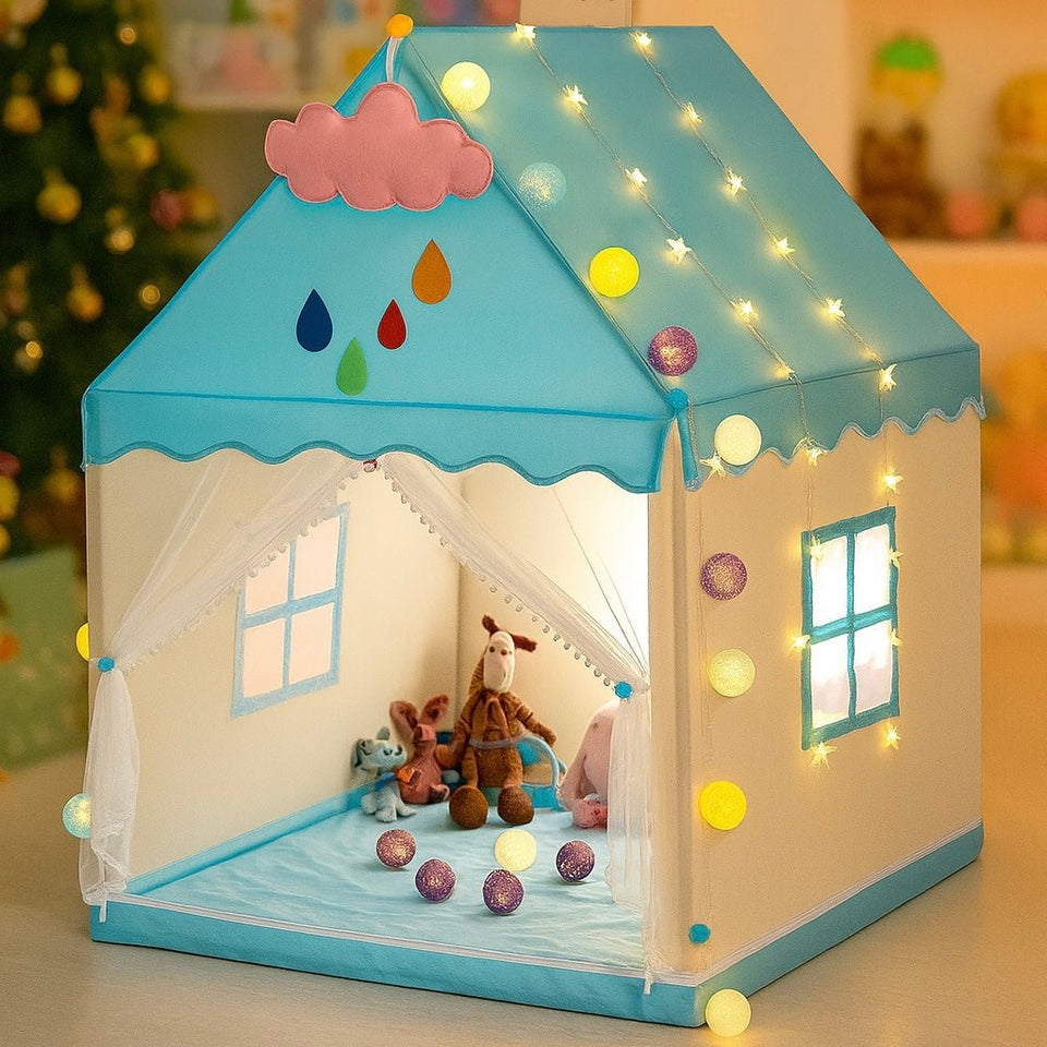 Modern Blue Castle Tent House with Curtains & Window