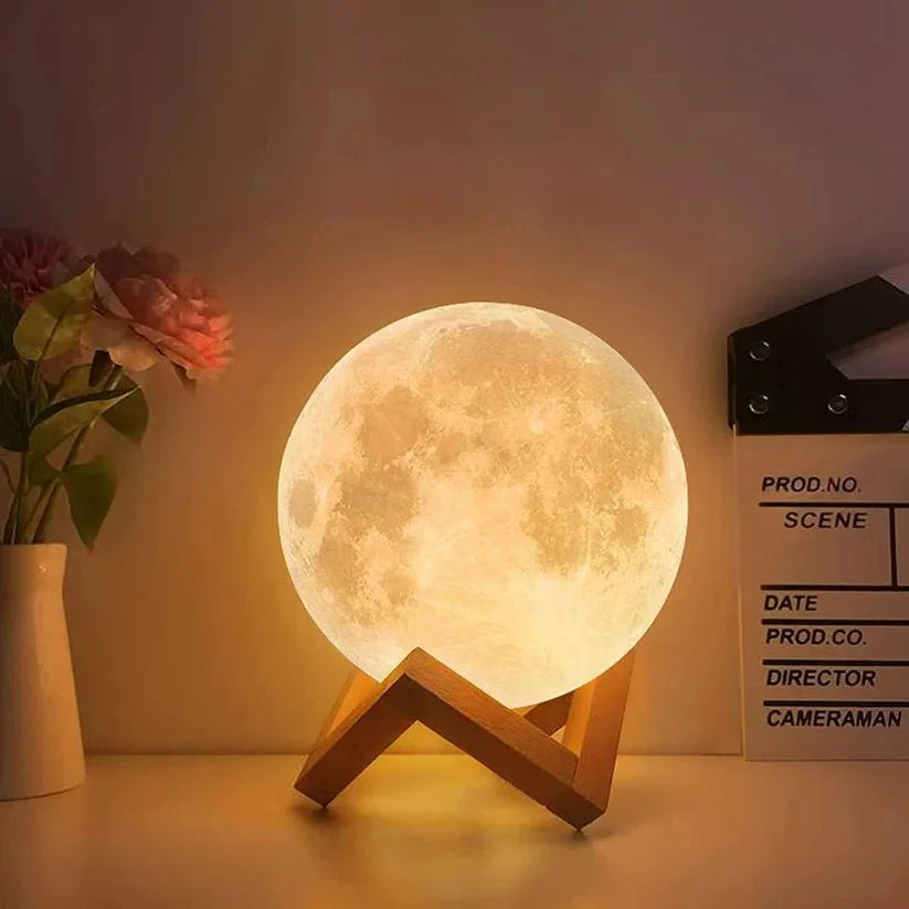Moon Lamp with Wooden Base – 16 Colors of Magic for Your Space