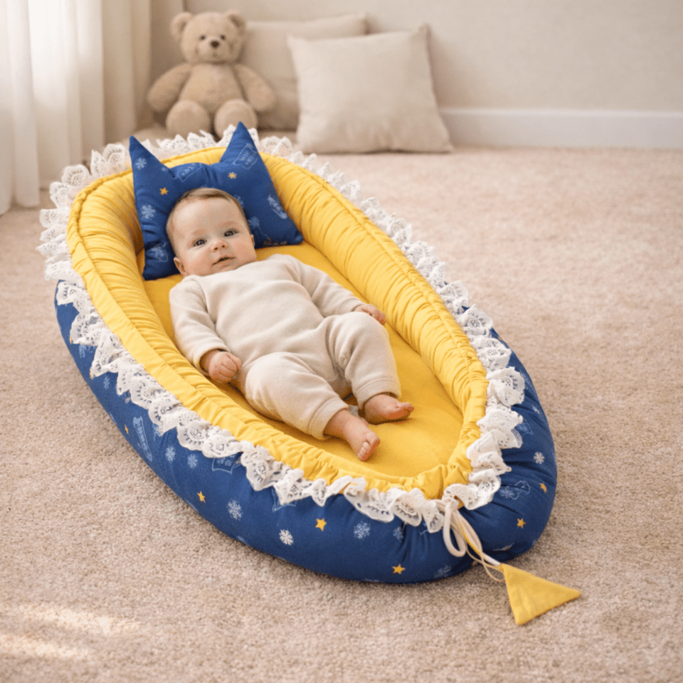 Newborn Baby Bed & Carry Nest Gift Set – Soft Foldable Sleep Bundle |Blue & Yellow Edition