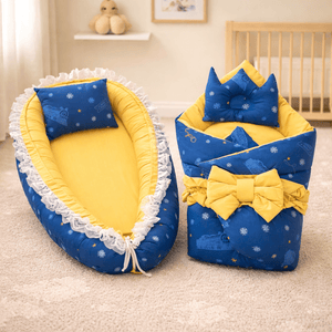 Newborn Baby Bed & Carry Nest Gift Set – Soft Foldable Sleep Bundle |Blue & Yellow Edition