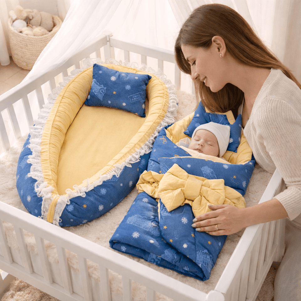 Newborn Baby Bed & Carry Nest Gift Set – Soft Foldable Sleep Bundle |Blue & Yellow Edition
