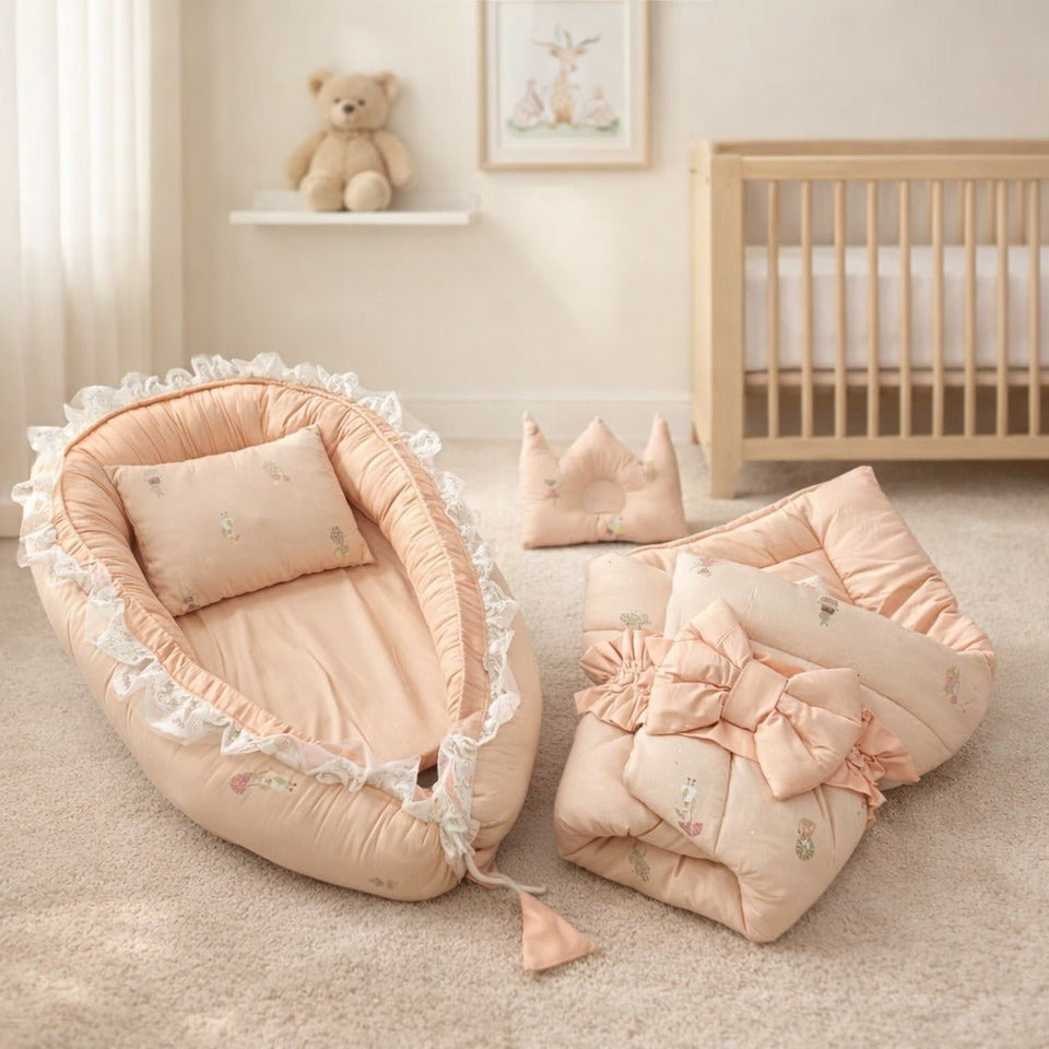 Newborn Baby Bed & Carry Nest Gift Set – Soft Foldable Sleep Bundle|Pink Edition