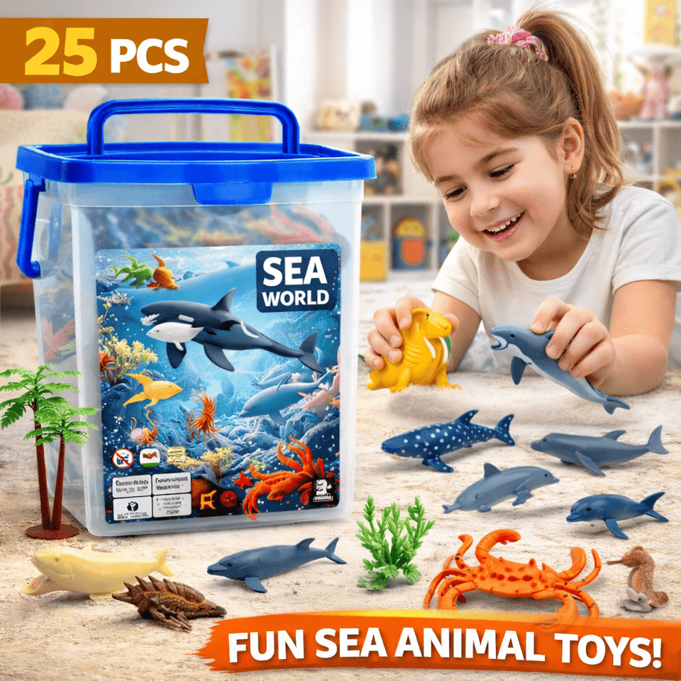 Ocean Sea Animal Figures Set for Kids | 25 Pcs Marine Life Collection with Storage Box