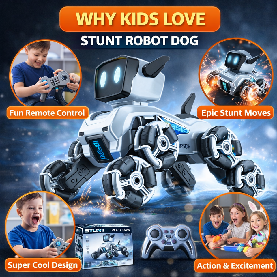Remote & Watch Controlled Stunt Robot Dog | 8-Wheel 360° Spinner with All-Terrain Tires